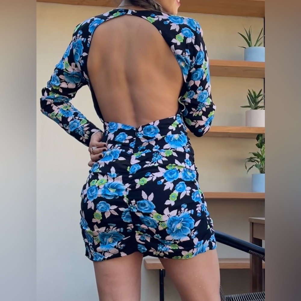 Floral Blue and Black Women's ZARA open back Floral Mini Dress